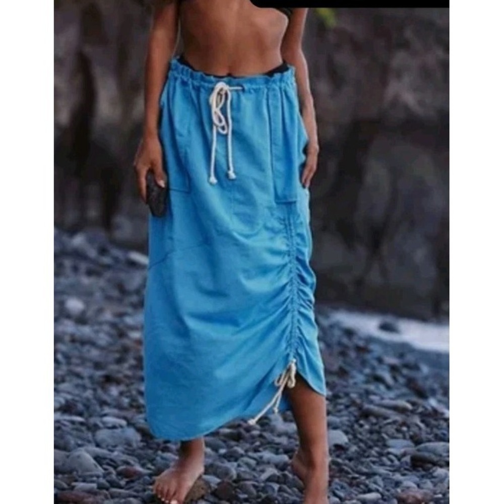Free People Bruna Skirt Blue Cotton‎ Linen Boho Gathered Midi Beachy